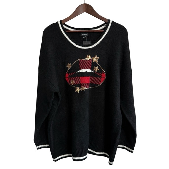 NWT Torrid sweater women's 2 2X 18-20 sequin star plaid lips festive holiday - Picture 1 of 12